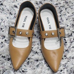 High Fashion Korean Brand YUUL YIE Tan Stylish Flats Leather